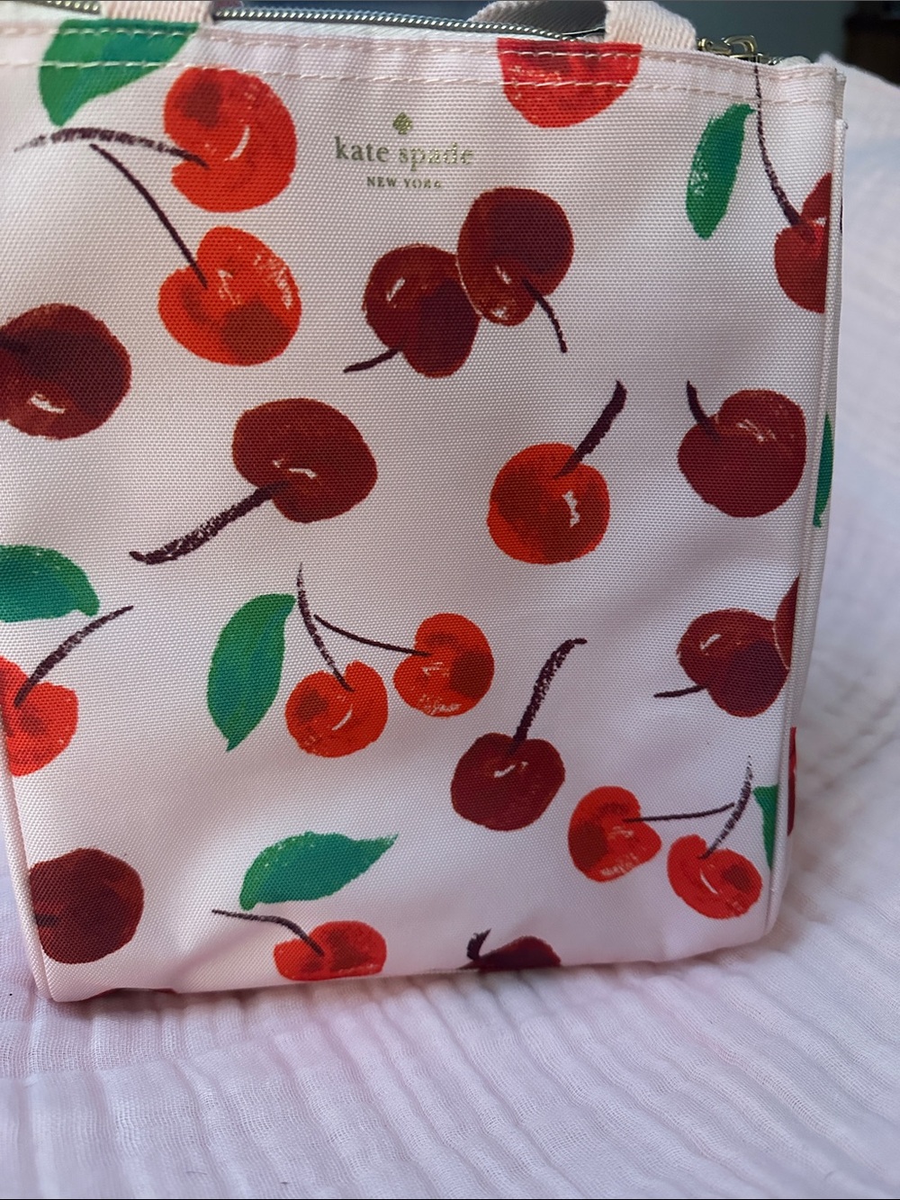kate spade Pink Insulated zip lunch bag with Red Cherry Print NWT